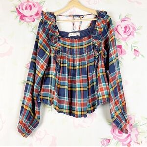 NEW Free People Siena Plaid Checkered Pullover Tie Blouse S